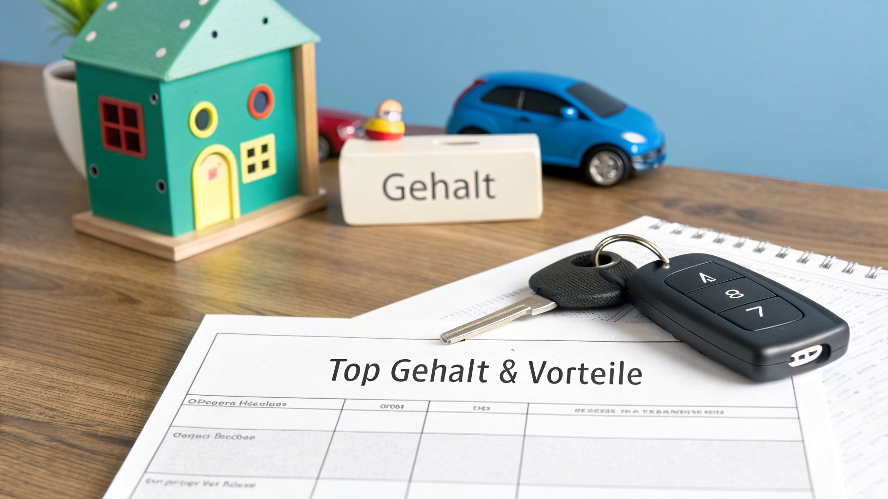 Ein Spielzeughaus, Spielzeugautos, Autoschlüssel und ein Dokument mit 'Top Gehalt & Vorteile' auf einem Holztisch.