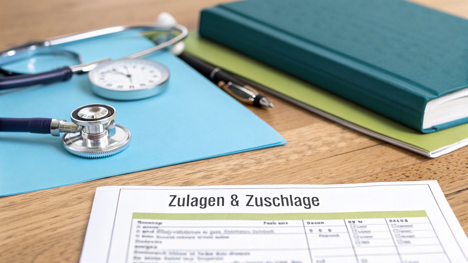Stethoskop, Blutdruckmessgerät, Stift und Notizbücher auf einem Holztisch, daneben ein Dokument mit der Überschrift „Zulagen & Zuschläge“.