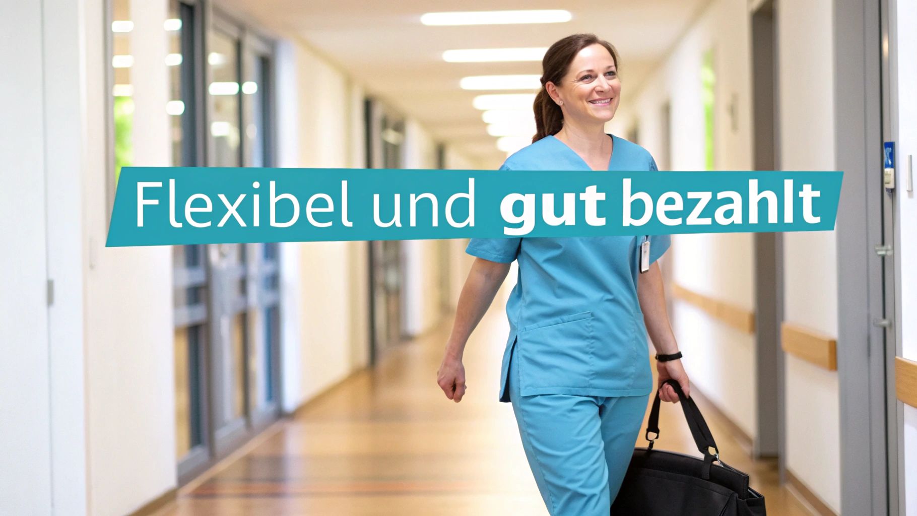 Eine lächelnde Pflegekraft in OP-Kleidung geht durch einen Krankenhausflur mit dem Text "Flexibel und gut bezahlt".