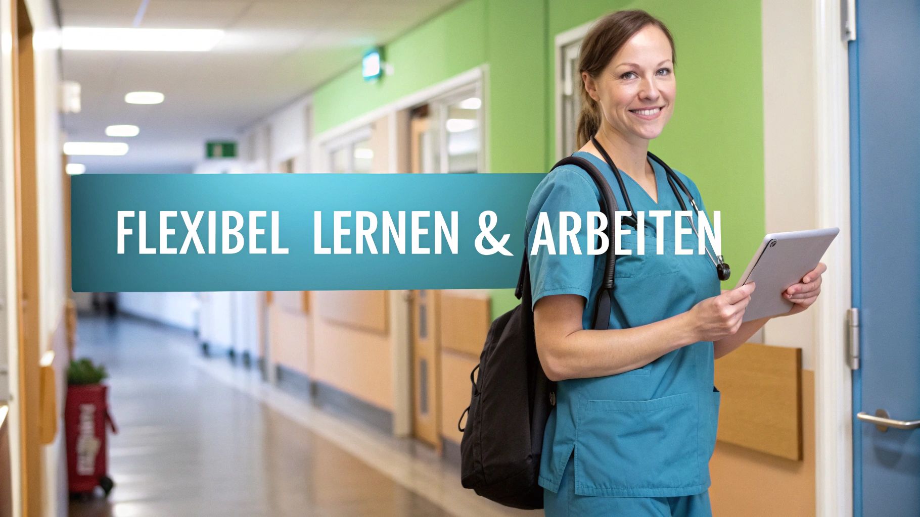 Lachende Krankenschwester mit Tablet und Rucksack im Krankenhausflur, dazu der Text 'FLEXIBEL LERNEN & ARBEITEN'.