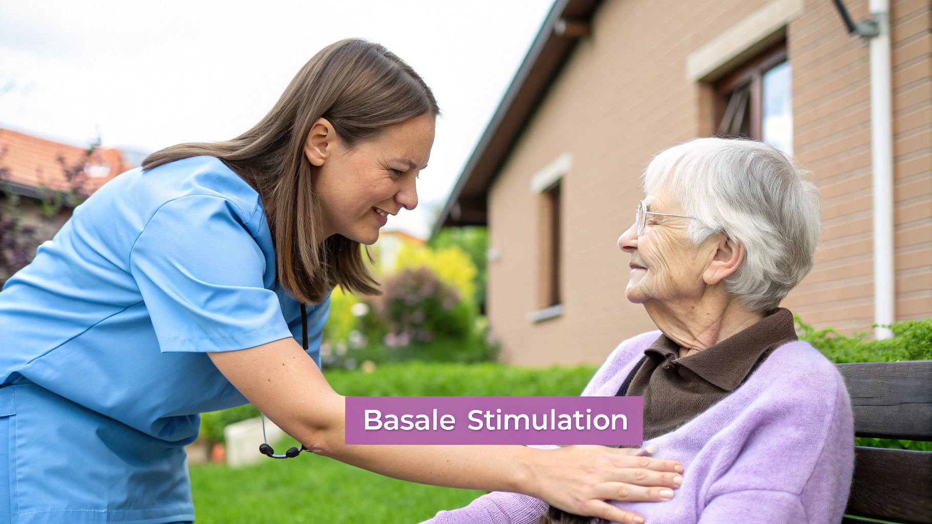 Junge Pflegekraft in blauer Uniform lächelt und spricht liebevoll mit einer älteren Dame im Freien.