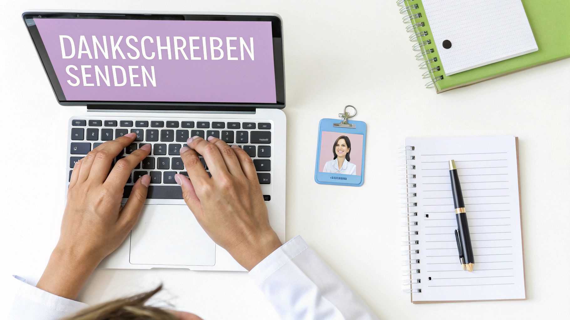 Person tippt auf Laptop, um ein Dankschreiben zu senden. Daneben sind ein Ausweis, Notizbücher und ein Stift auf dem Schreibtisch.