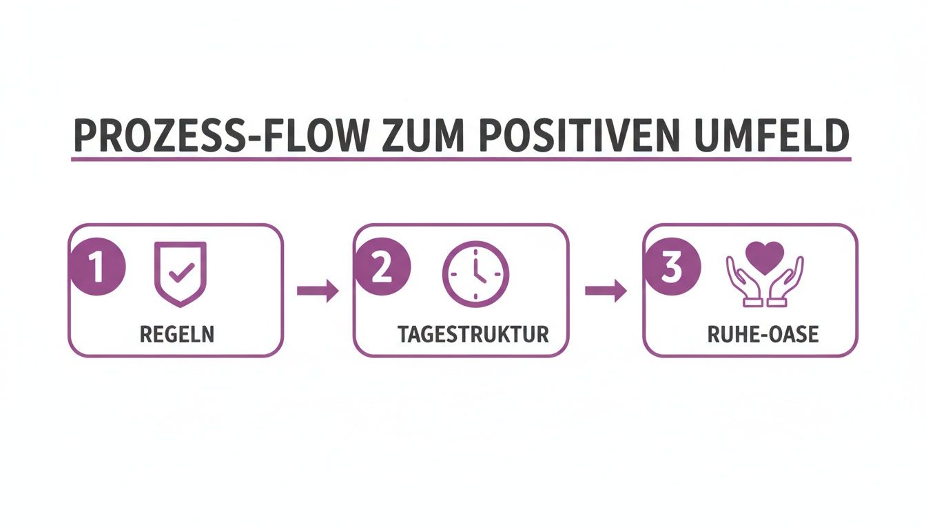 Prozess-Flow zur Schaffung eines positiven Umfelds mit Schritten wie Regeln, Tagesstruktur und Ruhe-Oase.