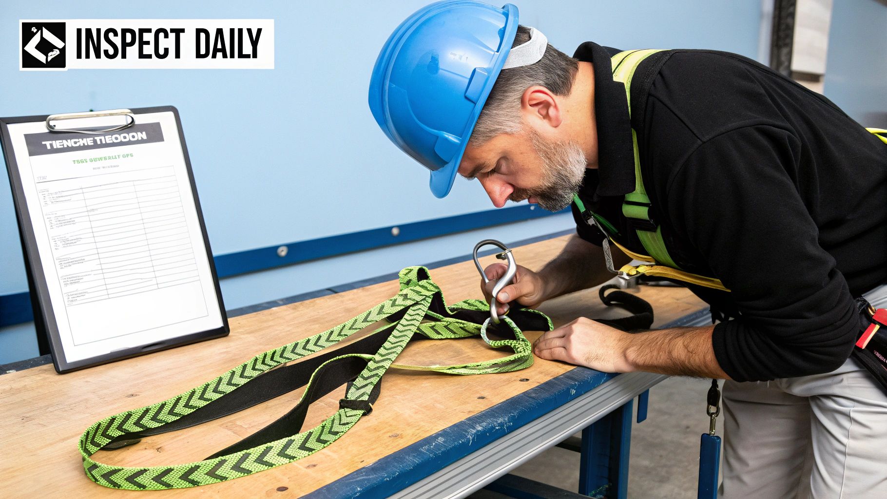 A safety officer meticulously inspecting a harness for signs of wear and tear, highlighting the importance of maintenance.