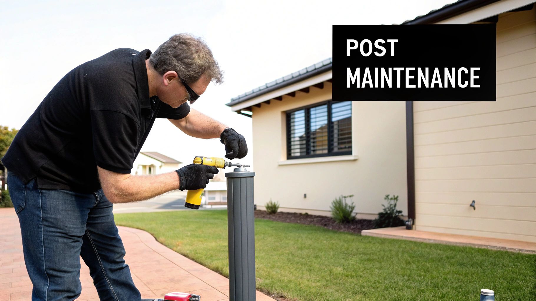 A person cleaning the top of a telescopic security post on a driveway.