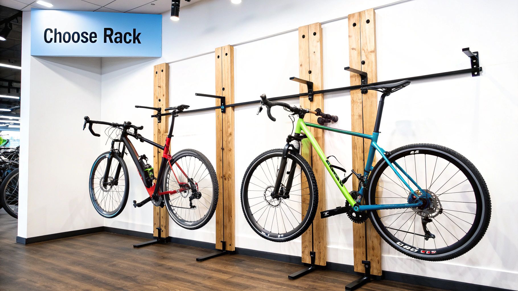 A person comparing different types of hanging bicycle racks in a well-lit garage setting.