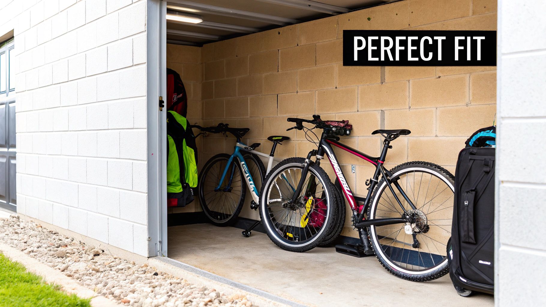 A person measuring the space in their garden where a bicycle storage shed will be placed.