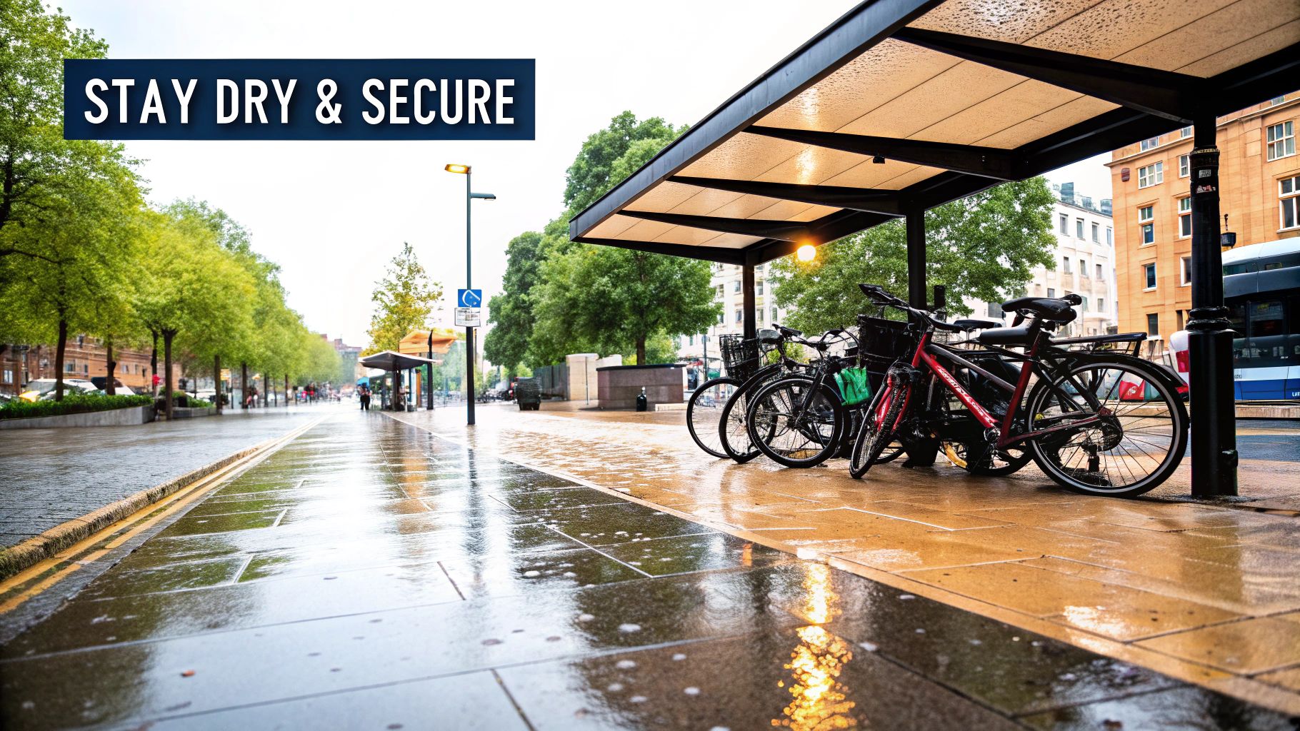 A covered bicycle rack with multiple bikes parked underneath, showcasing weather protection.