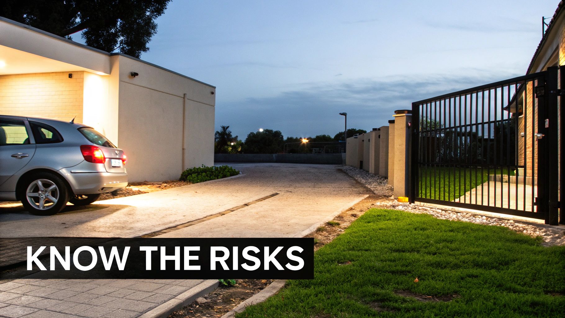 A well-lit car park with clear markings and security bollards, representing a secure environment.