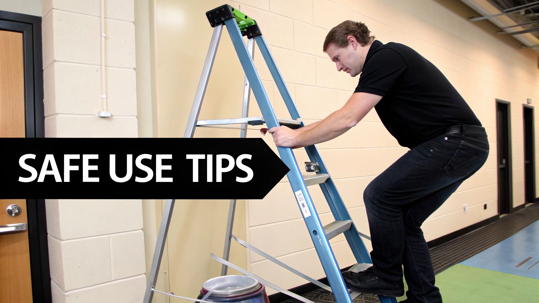 A person safely maintaining their step ladder with handrail