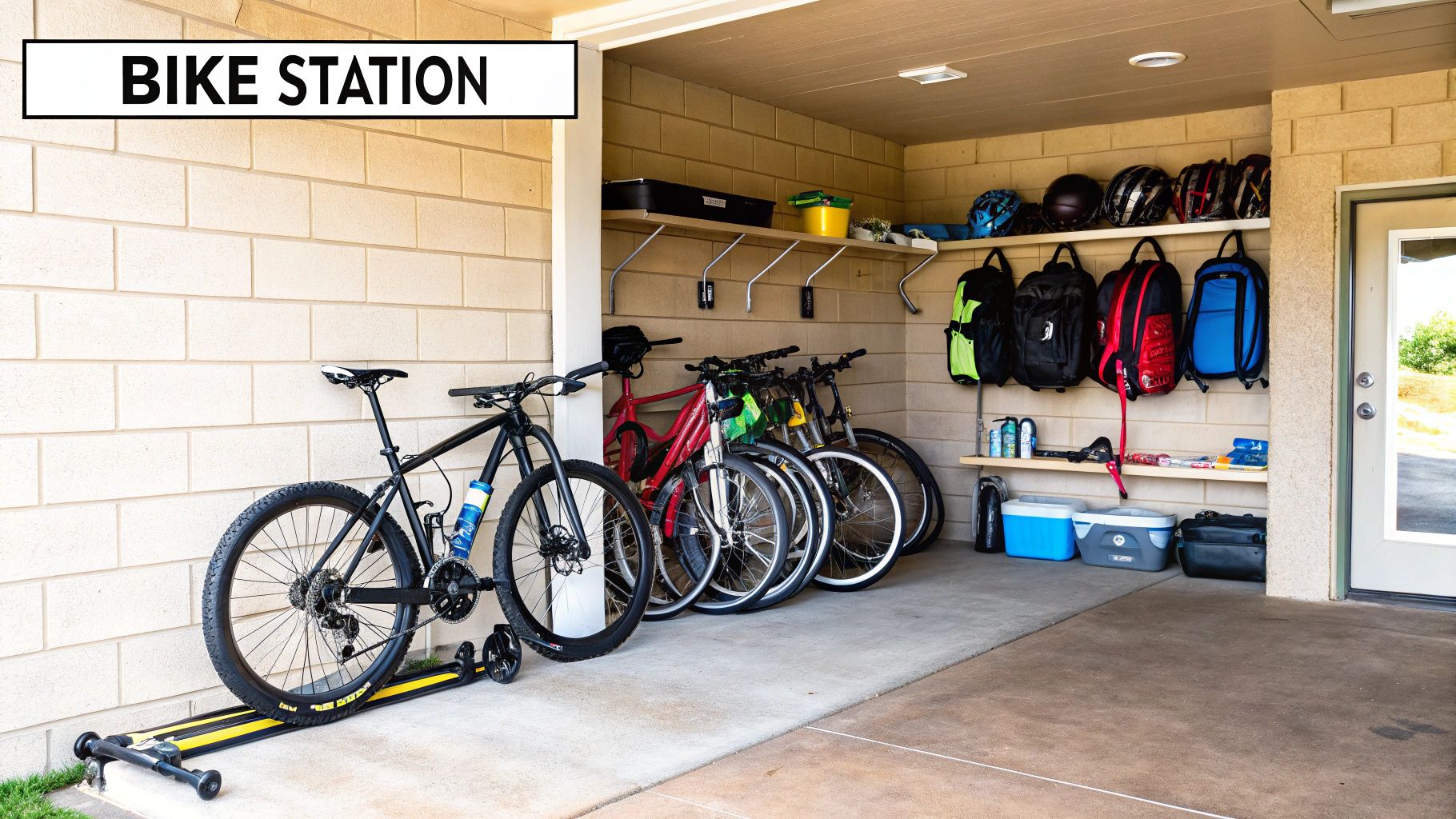 A complete cycling station in a garage with a bike on a hook, and a shelf holding a helmet and shoes.