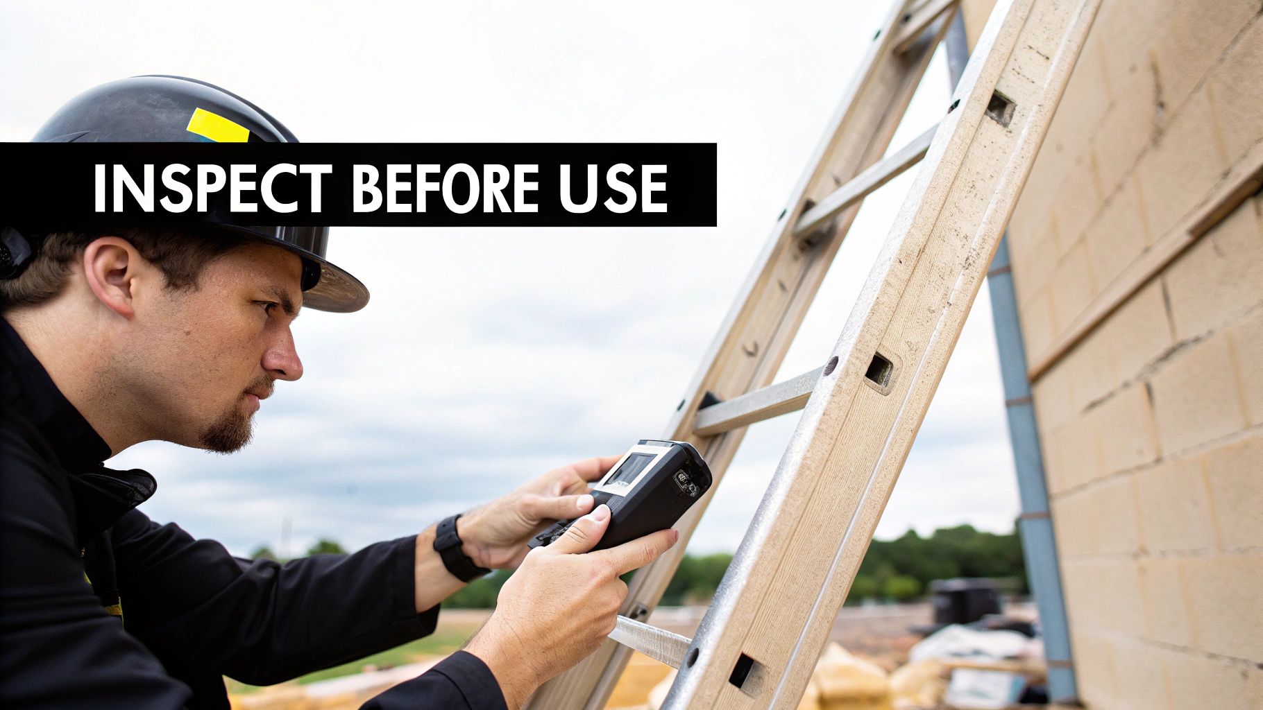 A person in protective gear inspecting a yellow ladder in a professional setting