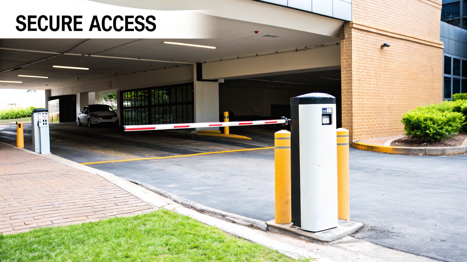 A strong telescopic security bollard installed on a block-paved driveway, preventing a car from leaving.