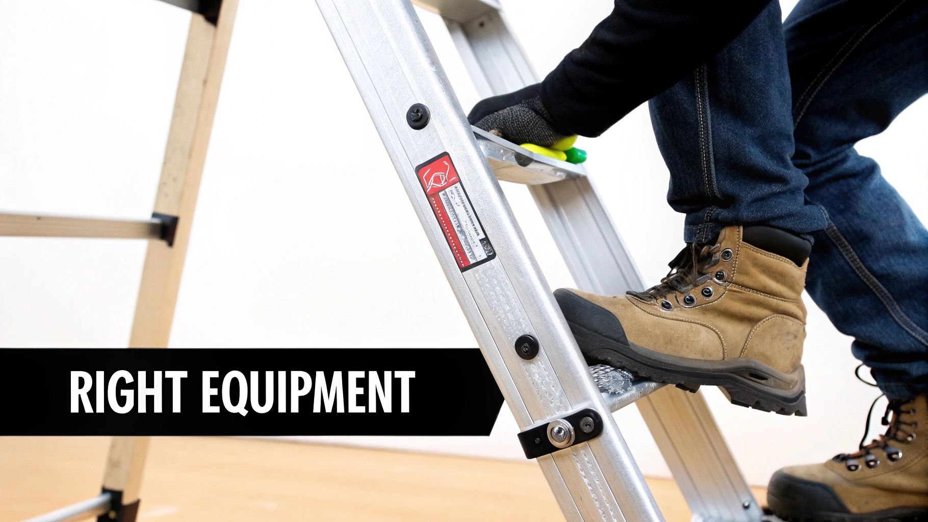 A person wearing work boots and gloves is safely climbing a silver ladder.