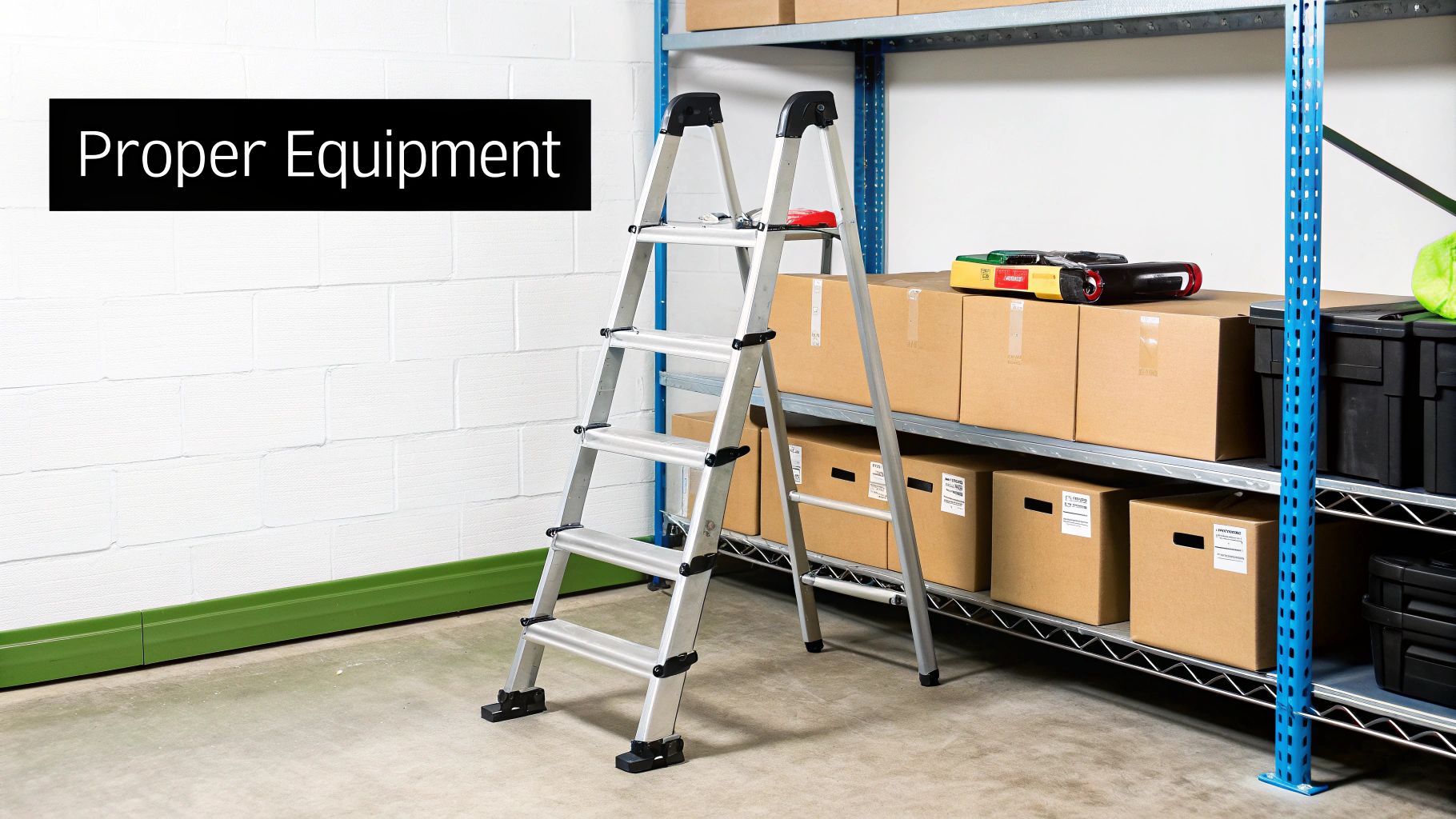 A silver step ladder in a warehouse, with shelves of boxes, promoting 'Proper Equipment'.