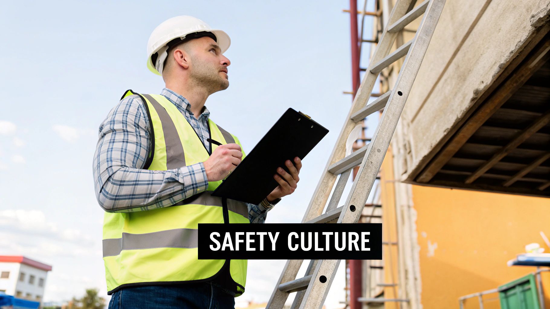 A person in high-visibility clothing inspecting a ladder on a worksite.