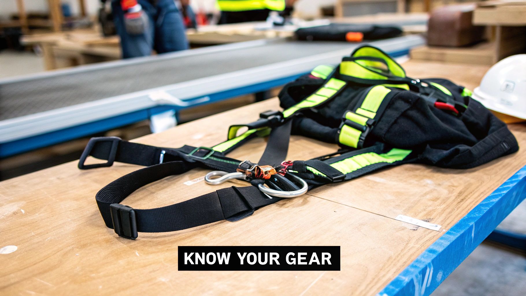 A worker wearing a full-body harness and connected to an anchor point, illustrating personal fall protection equipment.
