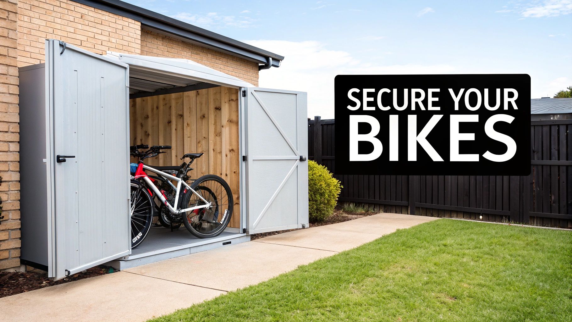 An outdoor metal shed with open doors, storing two bicycles securely inside a wooden interior.