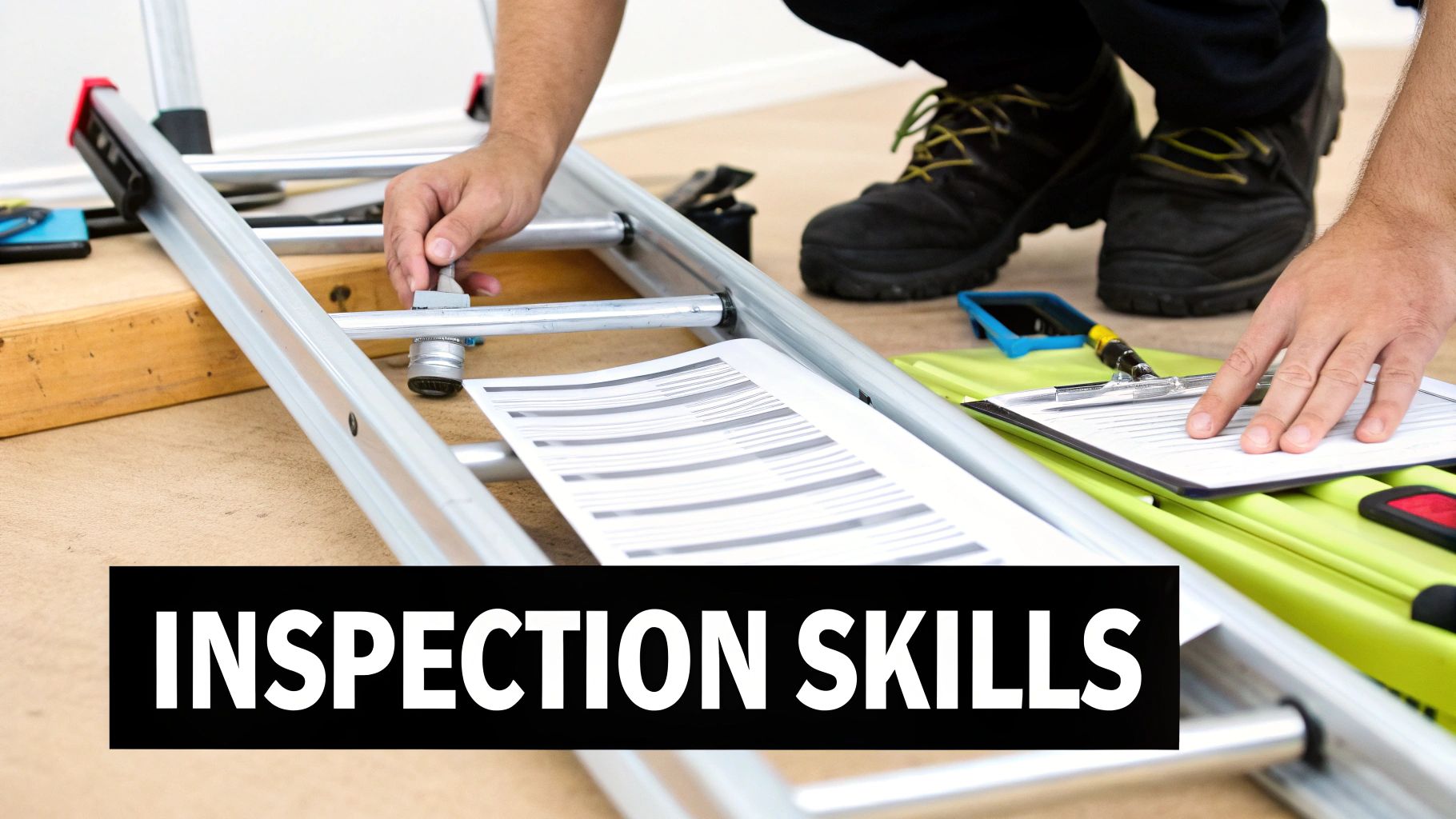 A person in work boots kneels, inspecting a ladder with a checklist and paperwork, demonstrating inspection skills.