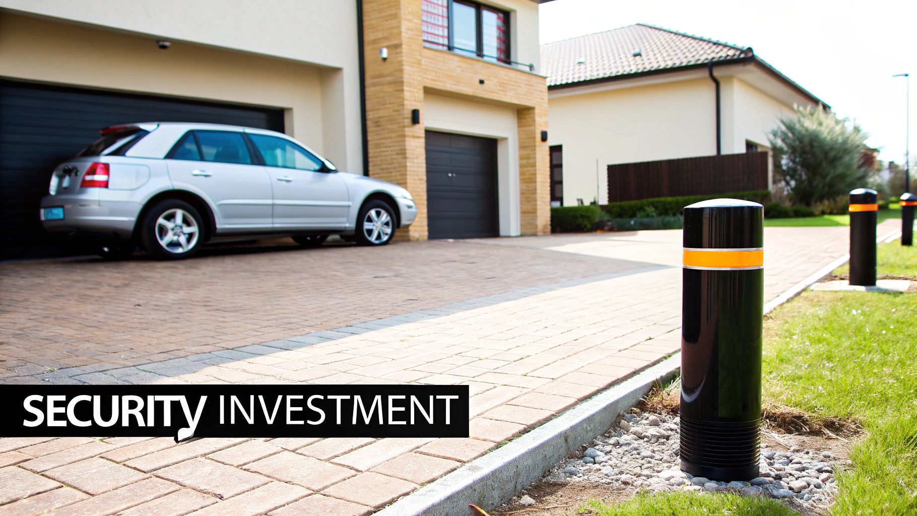 Two security bollards installed on a modern UK block-paved driveway, protecting a vehicle.