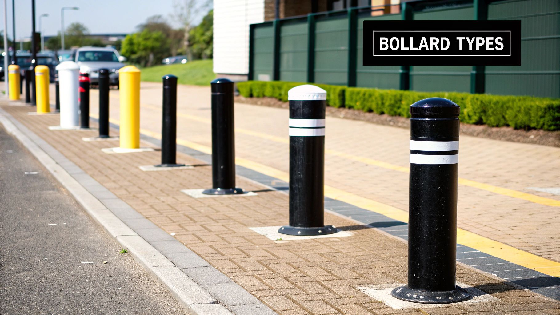 A silver telescopic security bollard installed on a residential block-paved driveway in the UK.