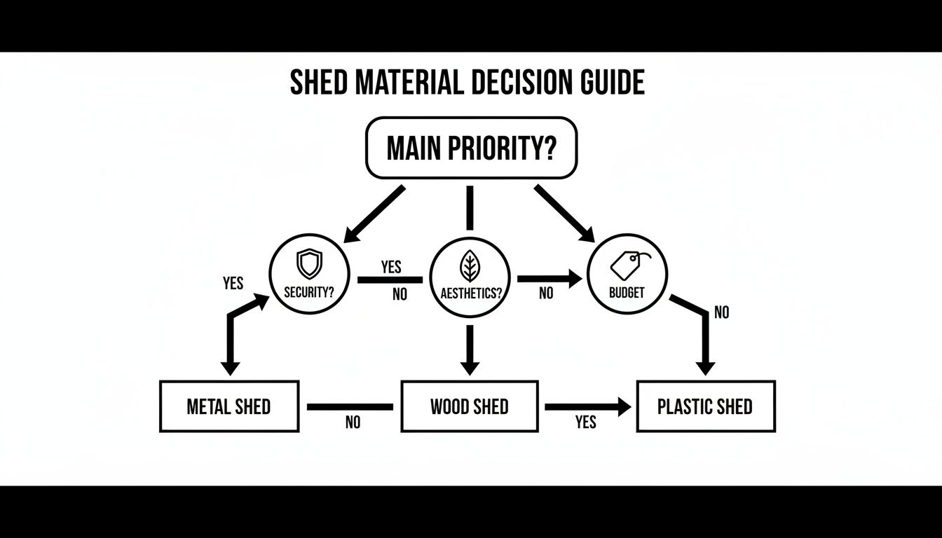 A shed material decision guide flowchart for choosing between metal, wood, and plastic sheds based on priorities.