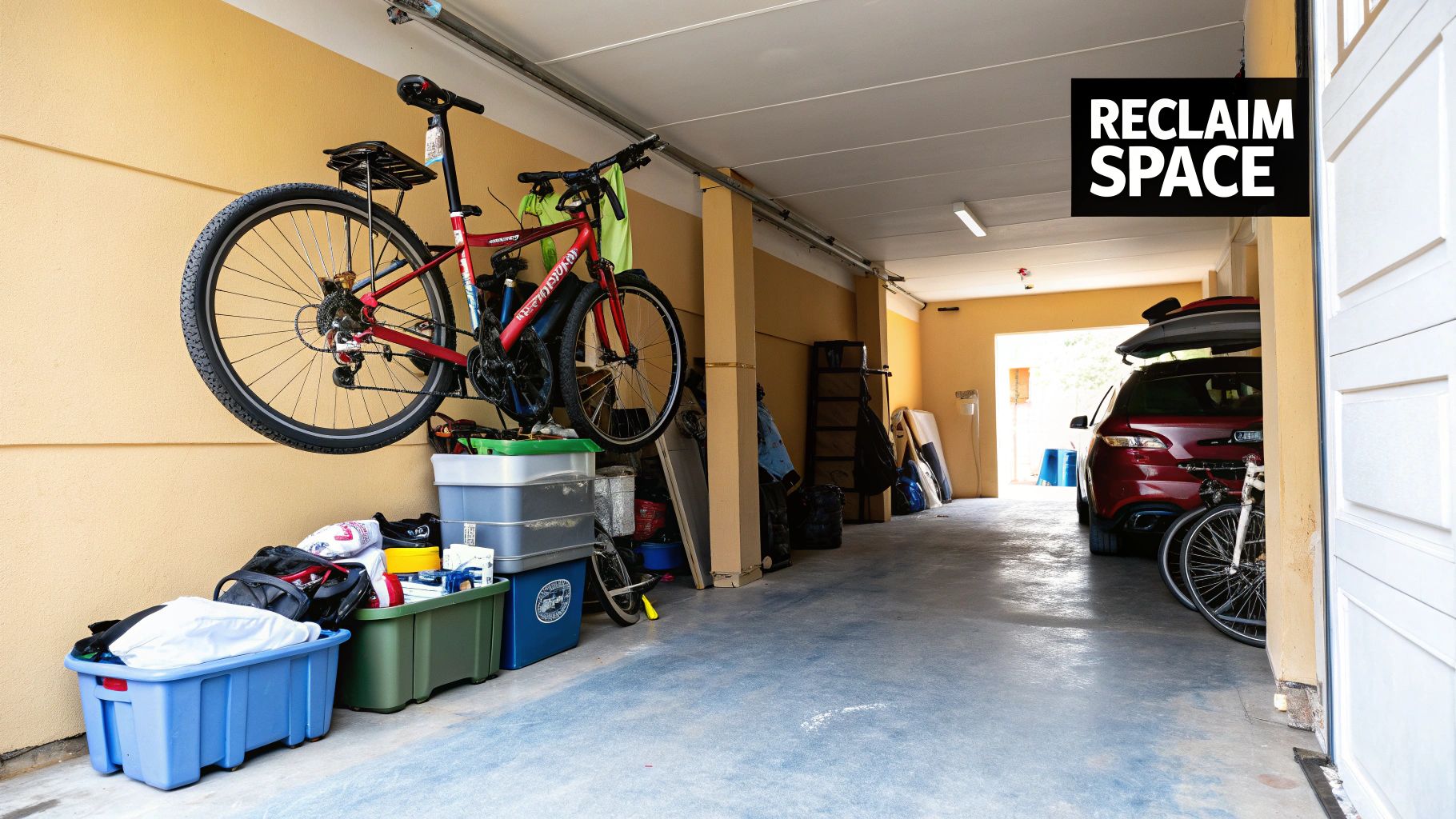 A neatly organised garage with a bicycle mounted vertically on a hanging rack, freeing up valuable floor space.