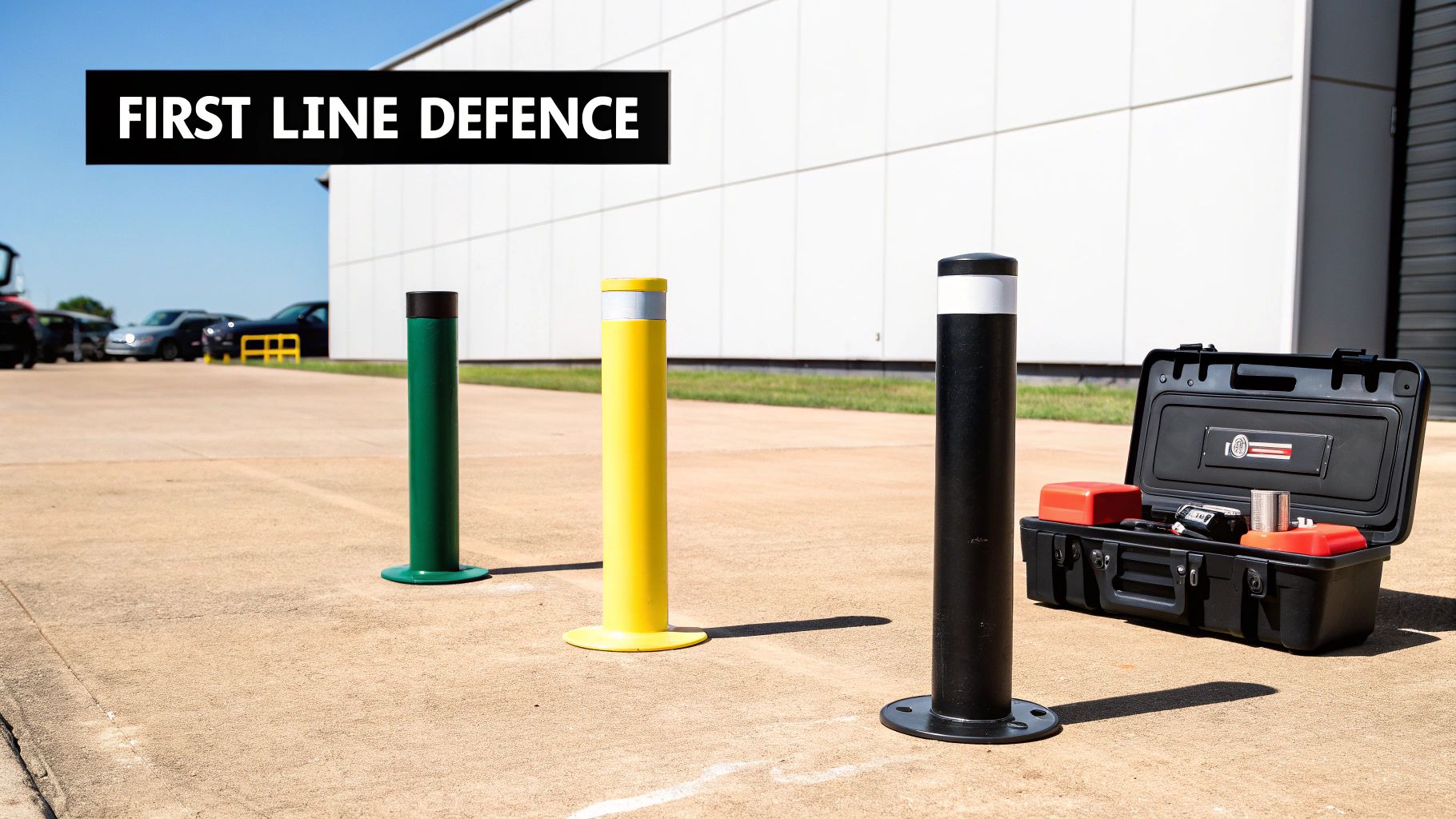 Three colorful bollards (green, yellow, black) in a car park with a security toolbox.
