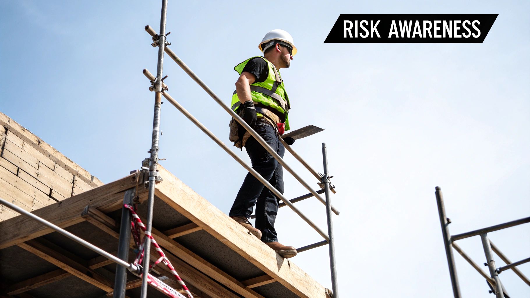 A construction worker wearing a safety harness and helmet while working on a high-rise building, representing working at height safety.