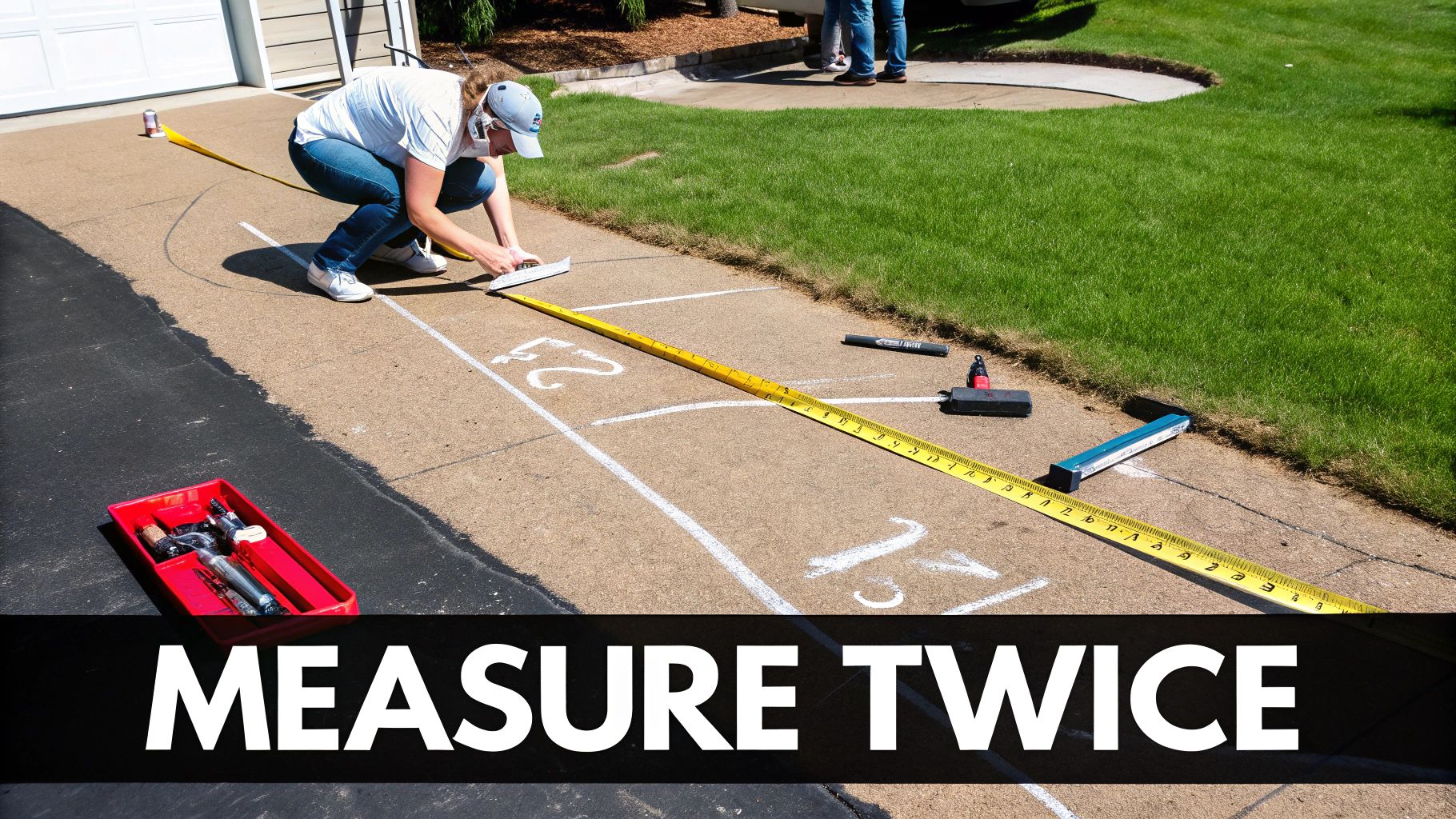A collection of tools including a shovel, spirit level, and tape measure laid out on a tarmac driveway ready for installation.
