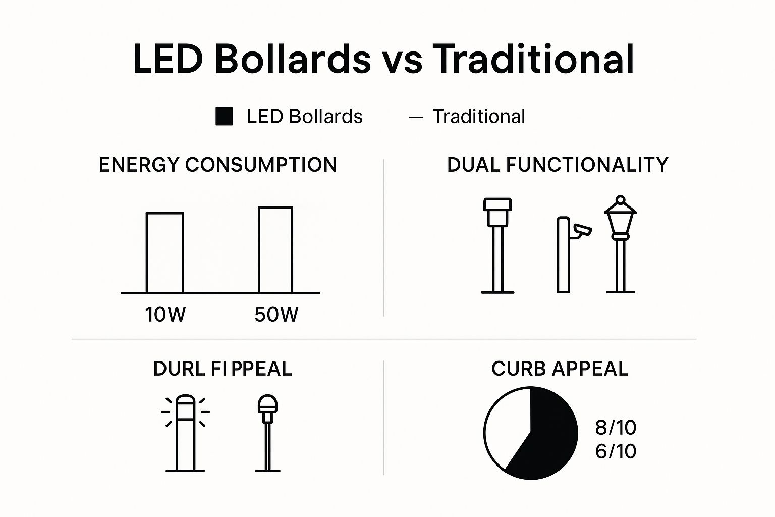 Infographic comparing the energy use, functionality, and curb appeal of illuminated bollards versus separate security and lighting posts.