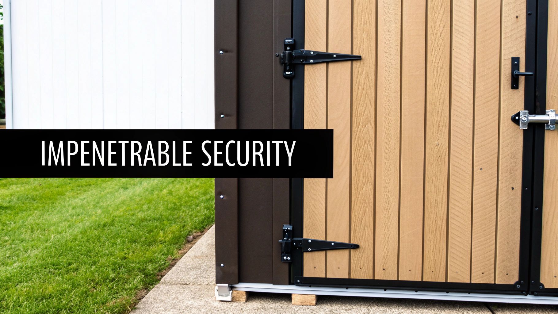 Close-up of a secure outdoor storage shed with wooden doors and an 'IMPENETRABLE SECURITY' banner.