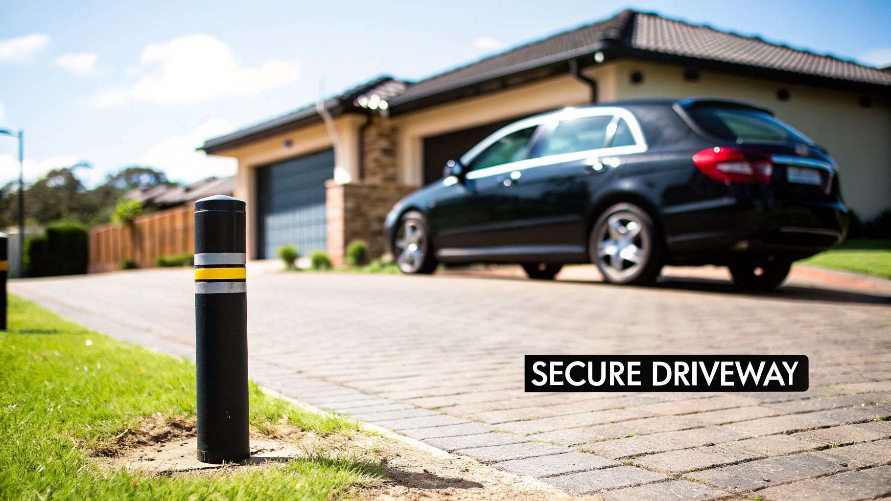 Telescopic security posts installed on a residential driveway in the UK, protecting a car.