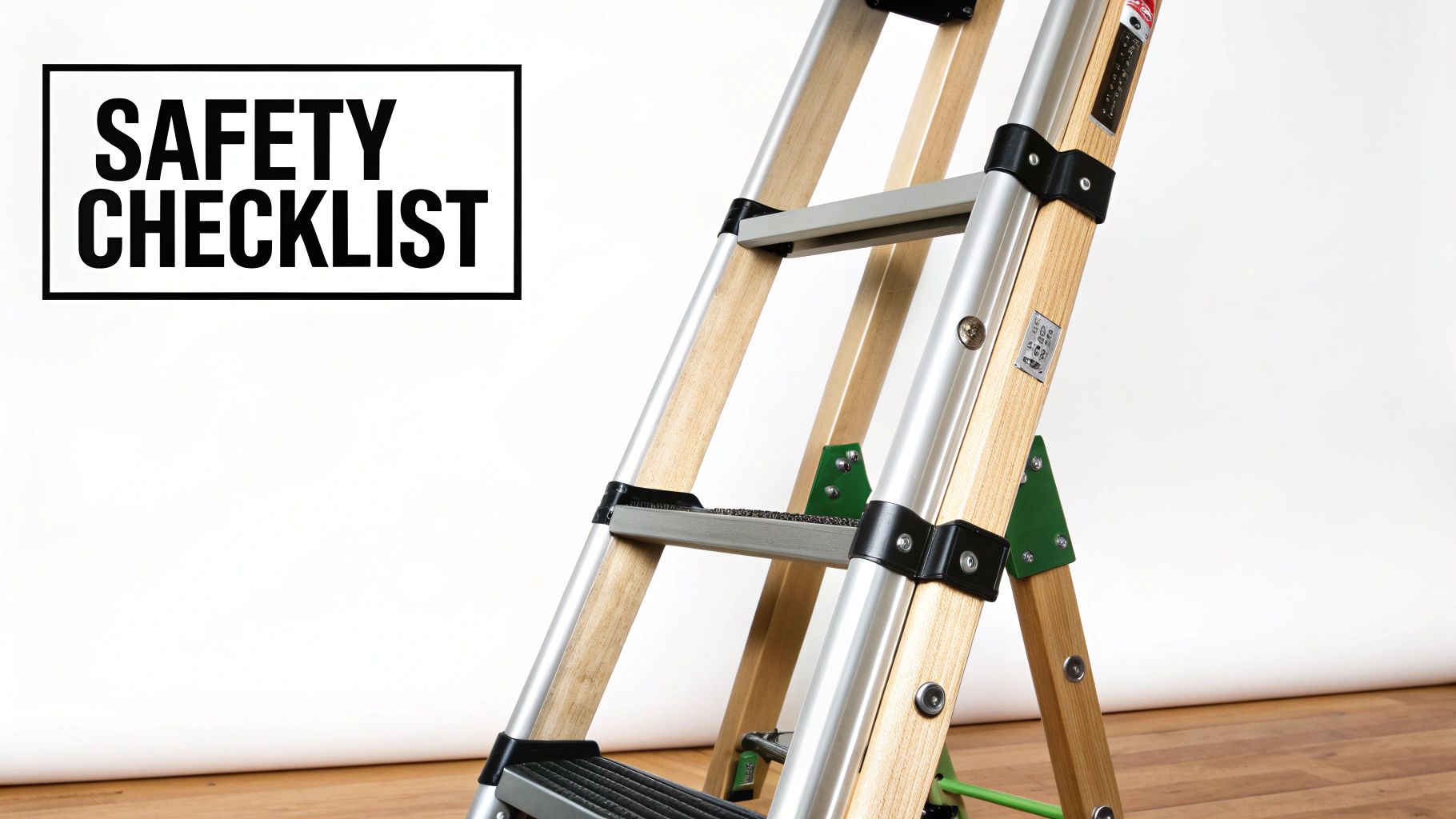 A close-up of a ladder's non-slip rung and locking mechanism.