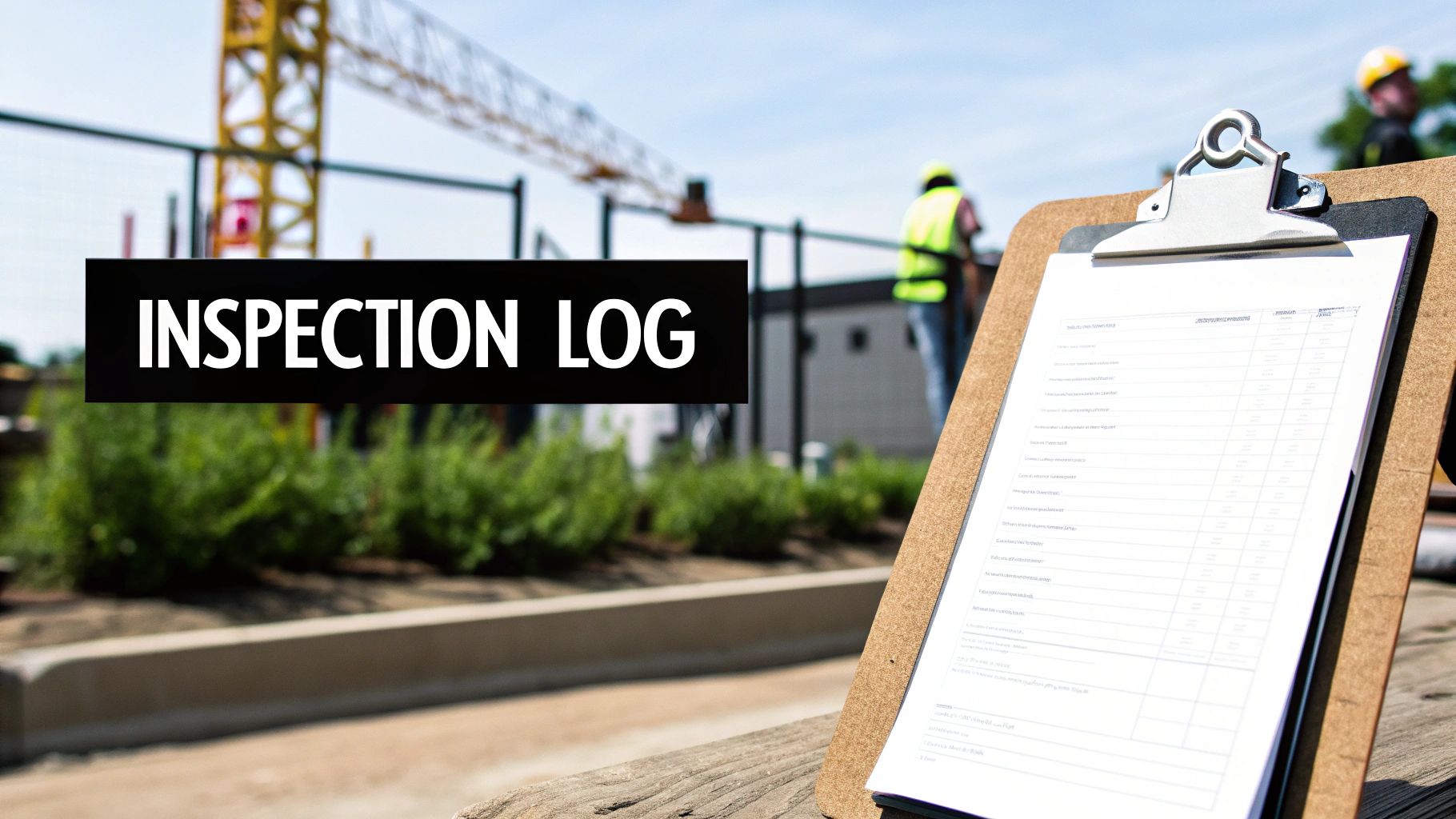 A person carefully filling out a ladder inspection checklist on a clipboard.