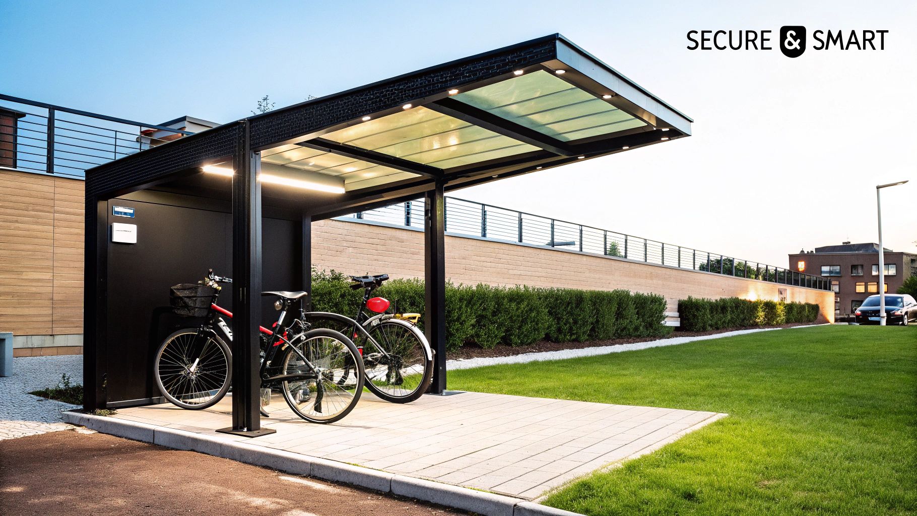 A well-lit covered bicycle rack at dusk, showing integrated LED lighting.