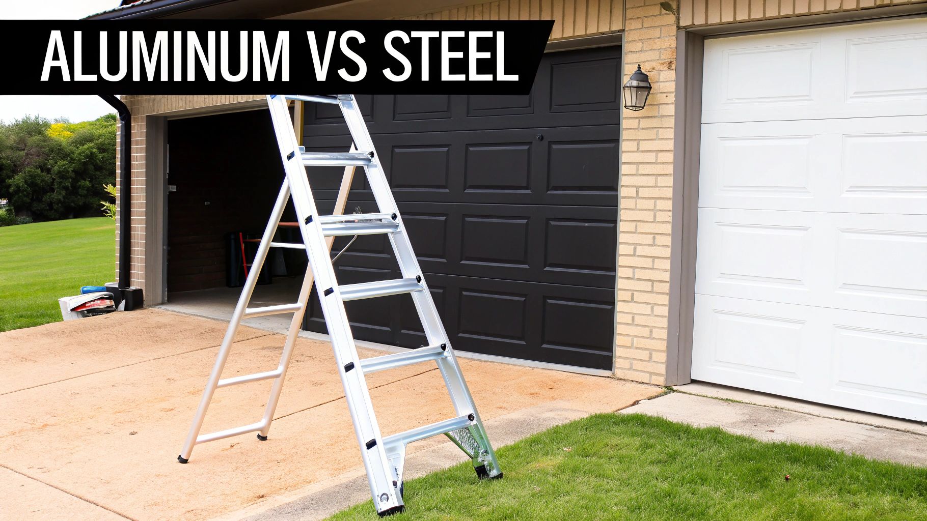 An aluminium step ladder with handrail being used indoors