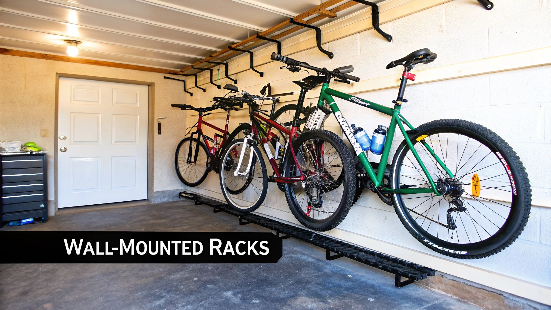 A black wall-mounted bike rack holding a bicycle securely in a modern garage setting.