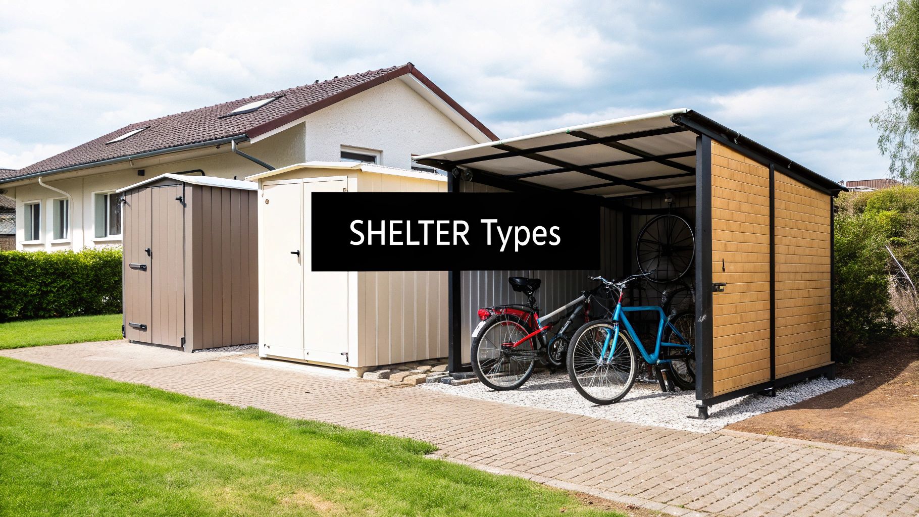 A row of modern, secure home bicycle shelters installed neatly on a residential property.
