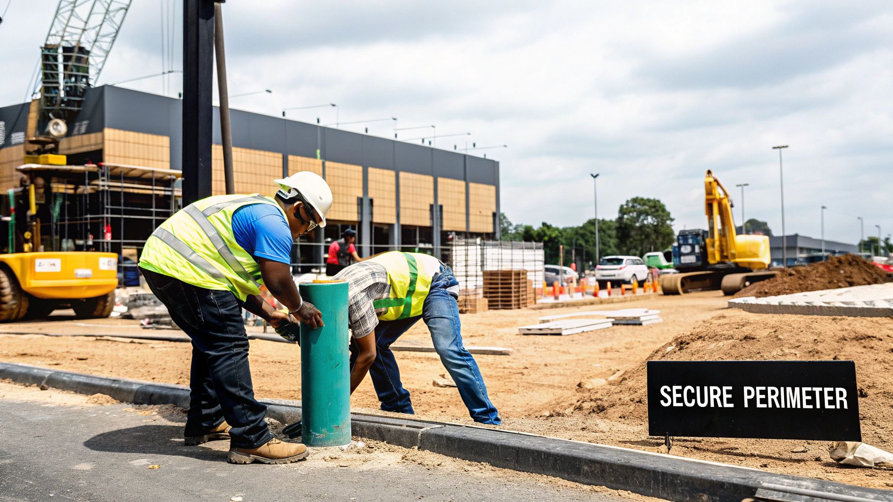 A security bollard being installed into a tarmac driveway, with the excavation site visible.
