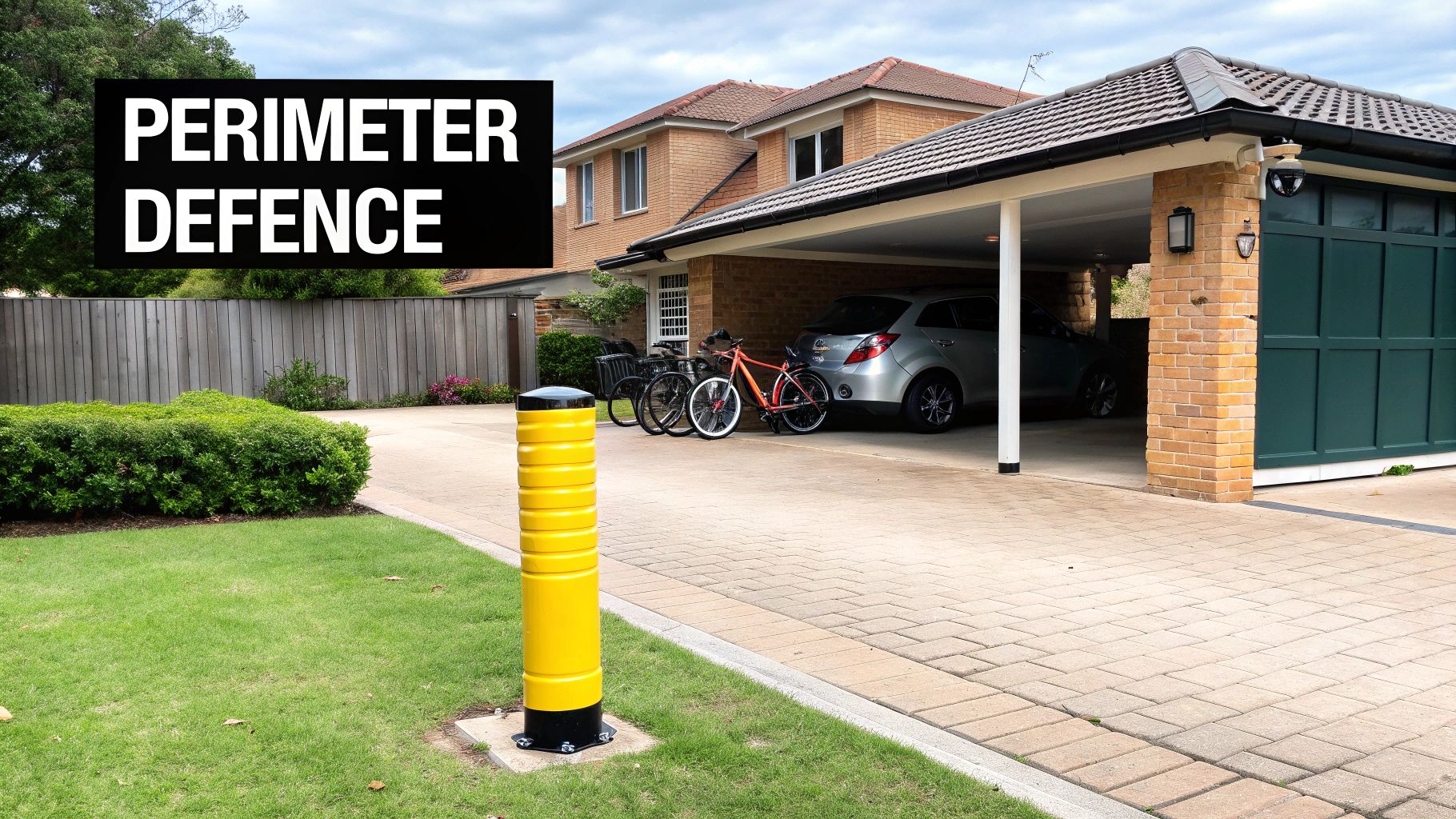 A yellow security bollard in front of a house with cars and bikes, under a 'PERIMETER DEFENCE' sign.