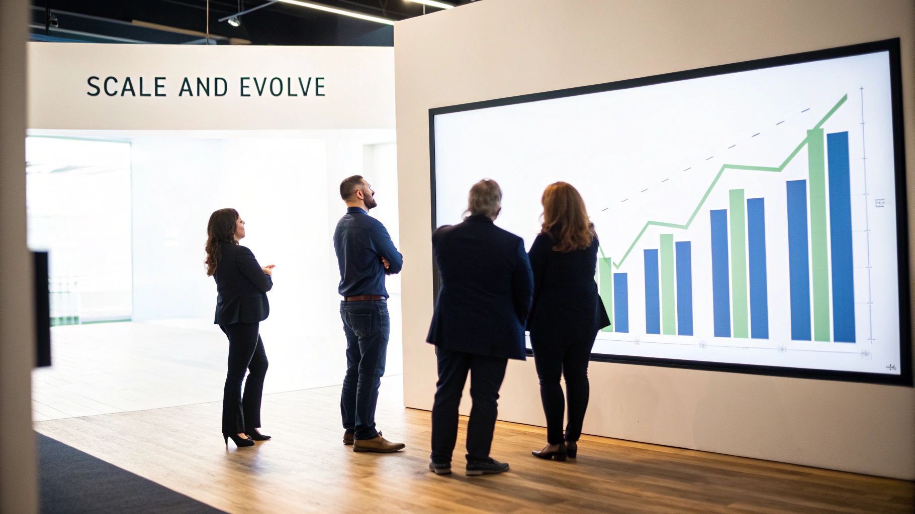 Four business people observe a large screen showing a growth graph in a modern office with a 'Scale and Evolve' sign.