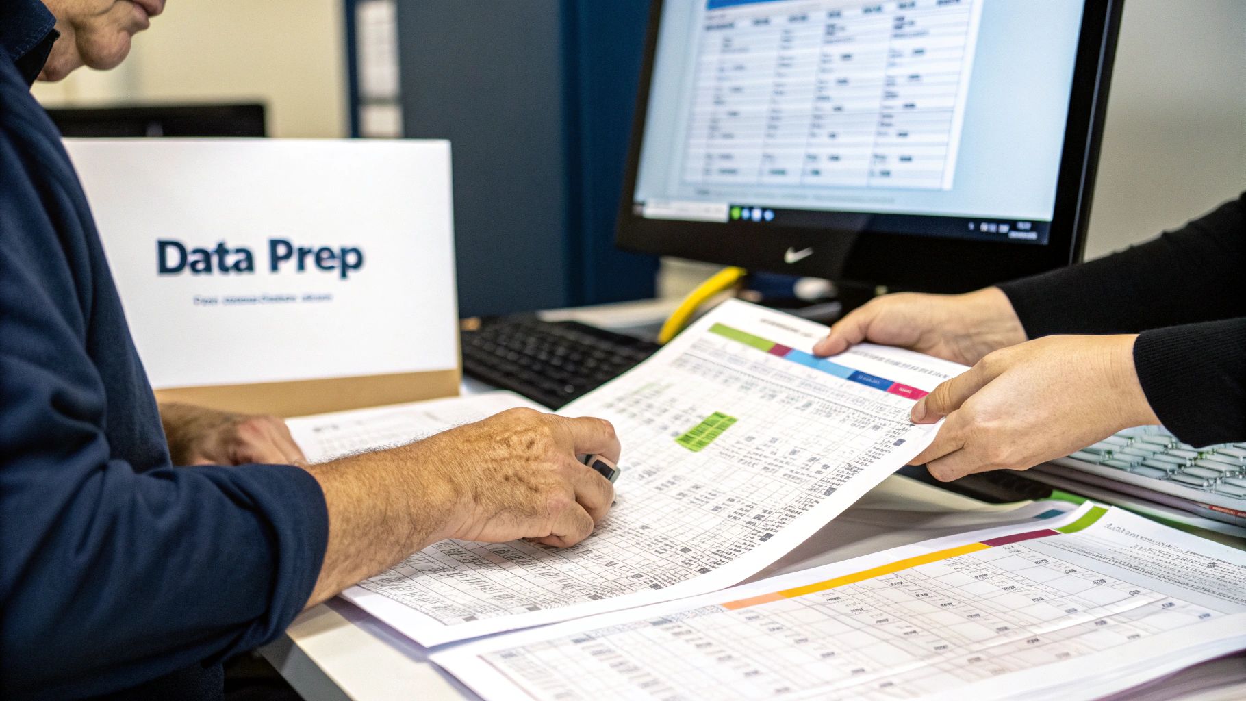 Two professionals review physical documents and digital data for a data preparation project.