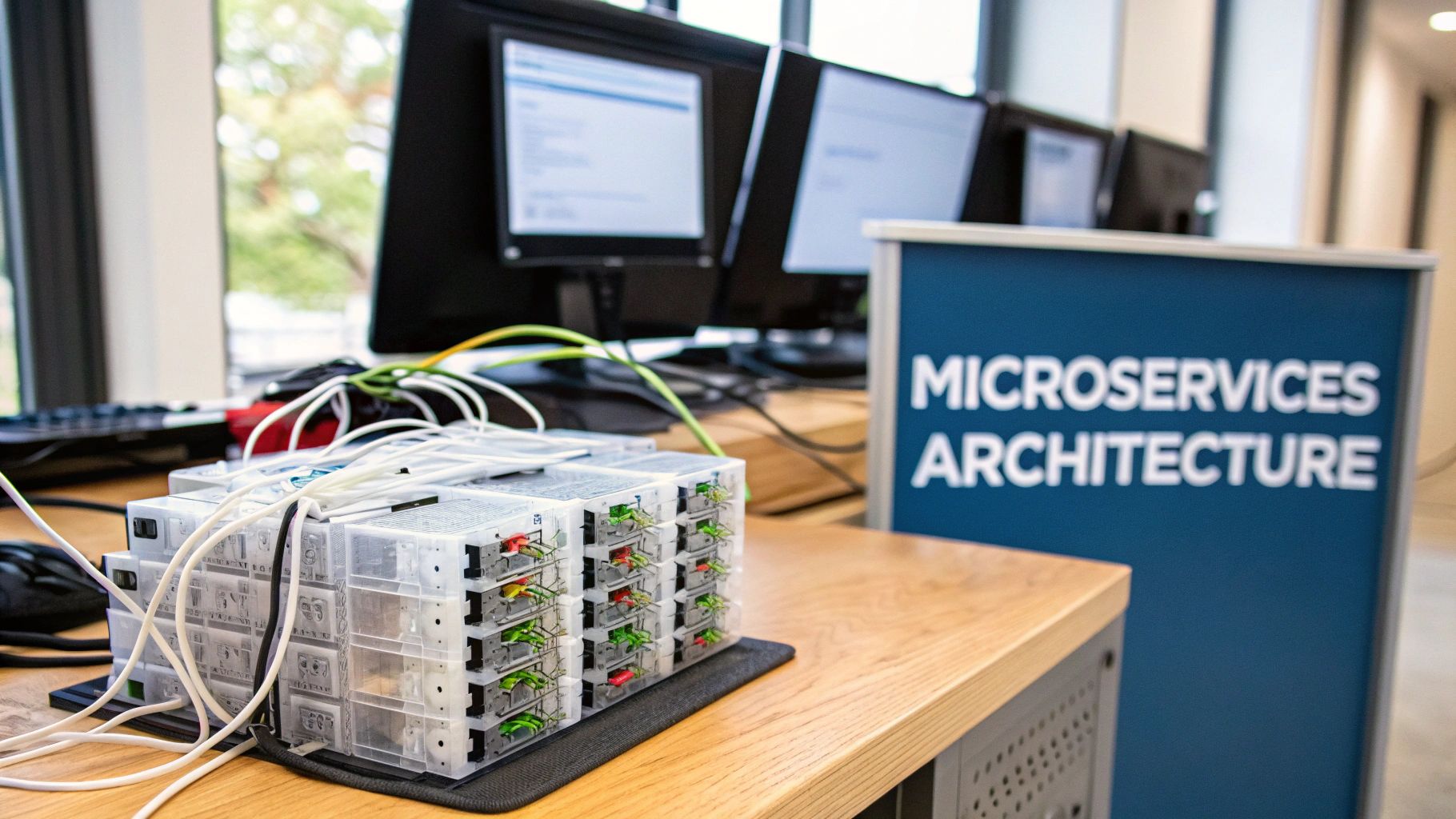 A small microservices architecture cluster with numerous wires, monitors, and a 'MICROSERVICES ARCHITECTURE' sign.