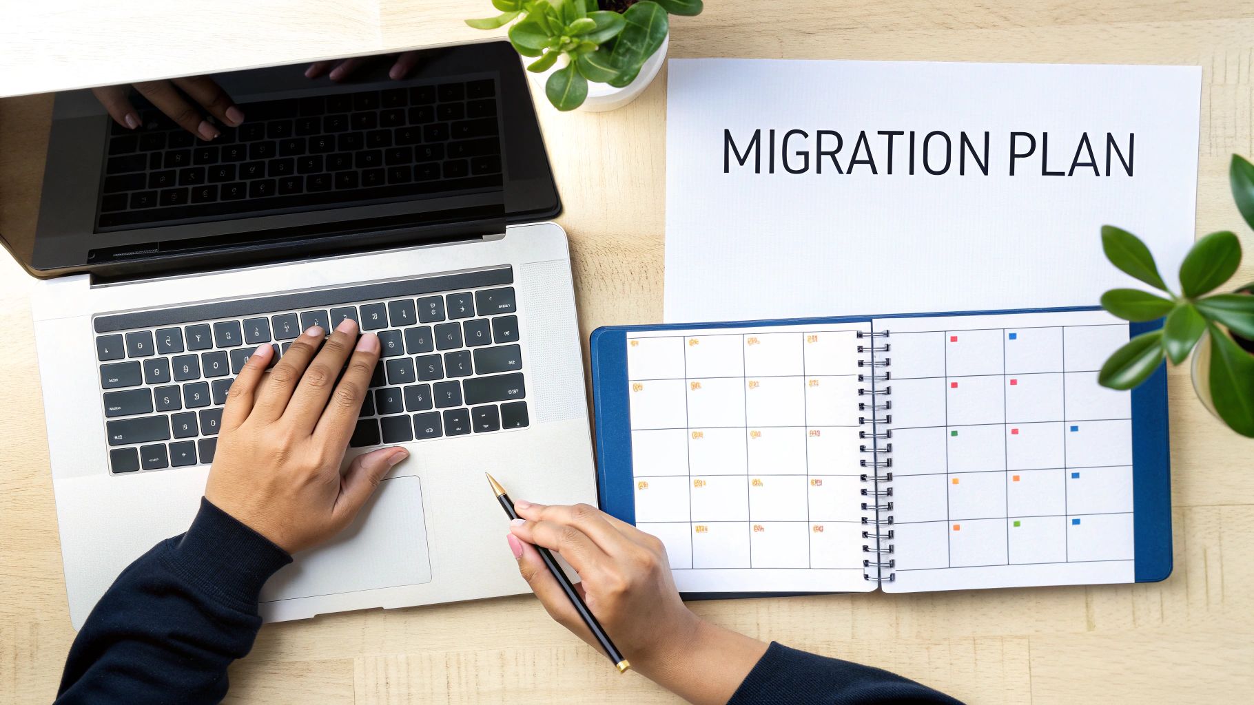 A person's hands on a laptop and a calendar, planning a migration project.