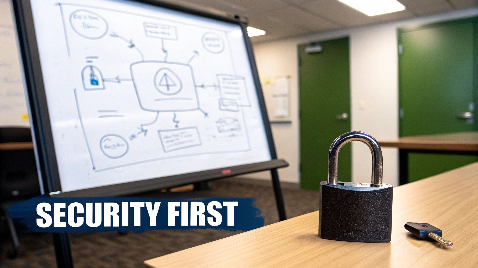 A padlock and key on a wooden table, with a flowchart on a whiteboard in an office. Emphasizes security.