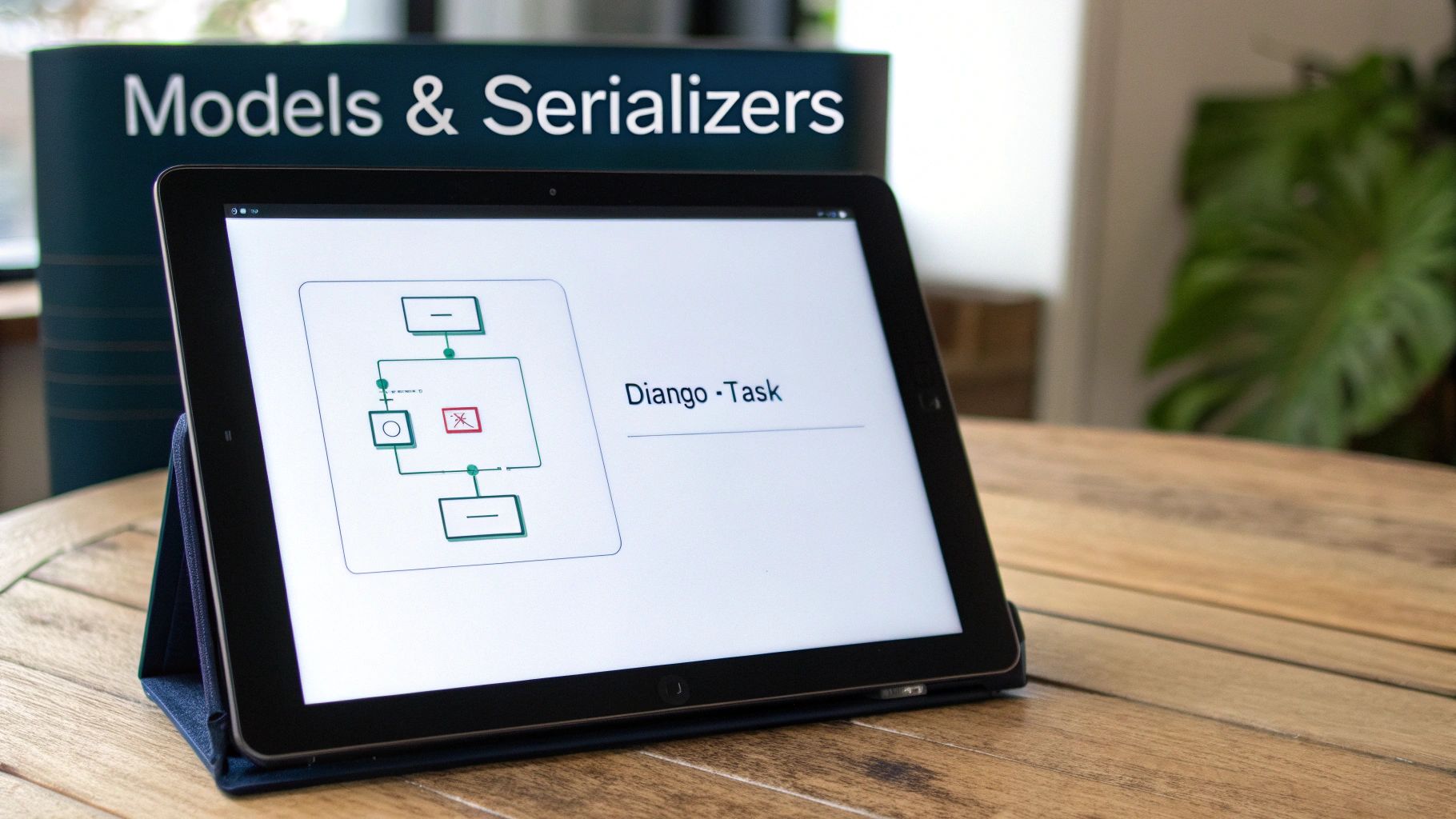 A tablet displaying a Django task flowchart, with "Models & Serializers" visible in the background.