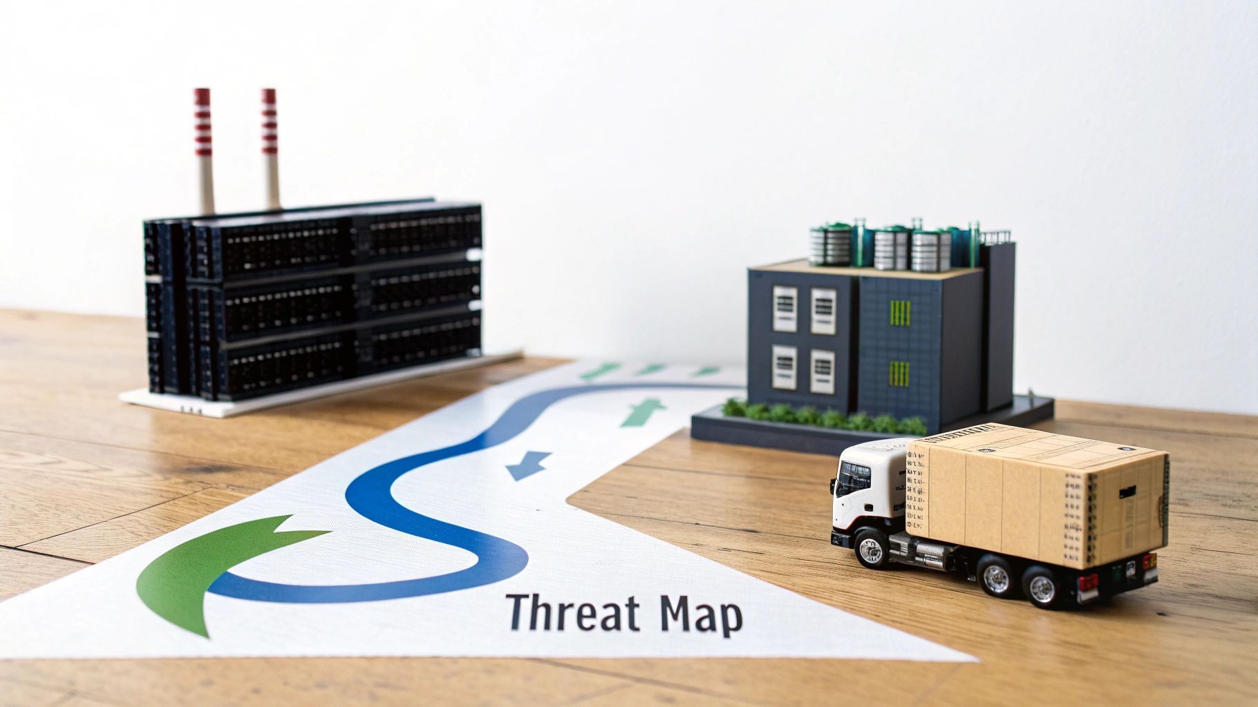 A miniature 'Threat Map' illustrating a winding path between a data center, a factory building, and a delivery truck.