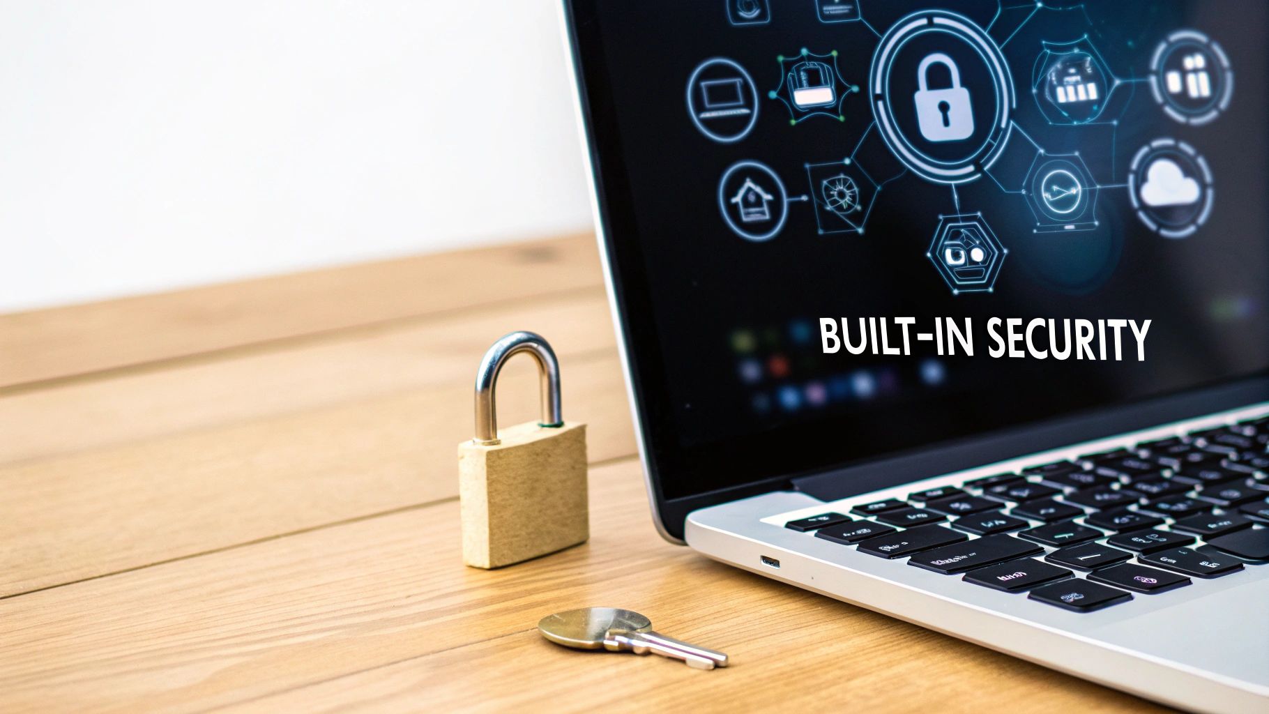 A laptop screen displays 'BUILT-IN SECURITY' with a padlock and key on a wooden desk, symbolizing digital protection.