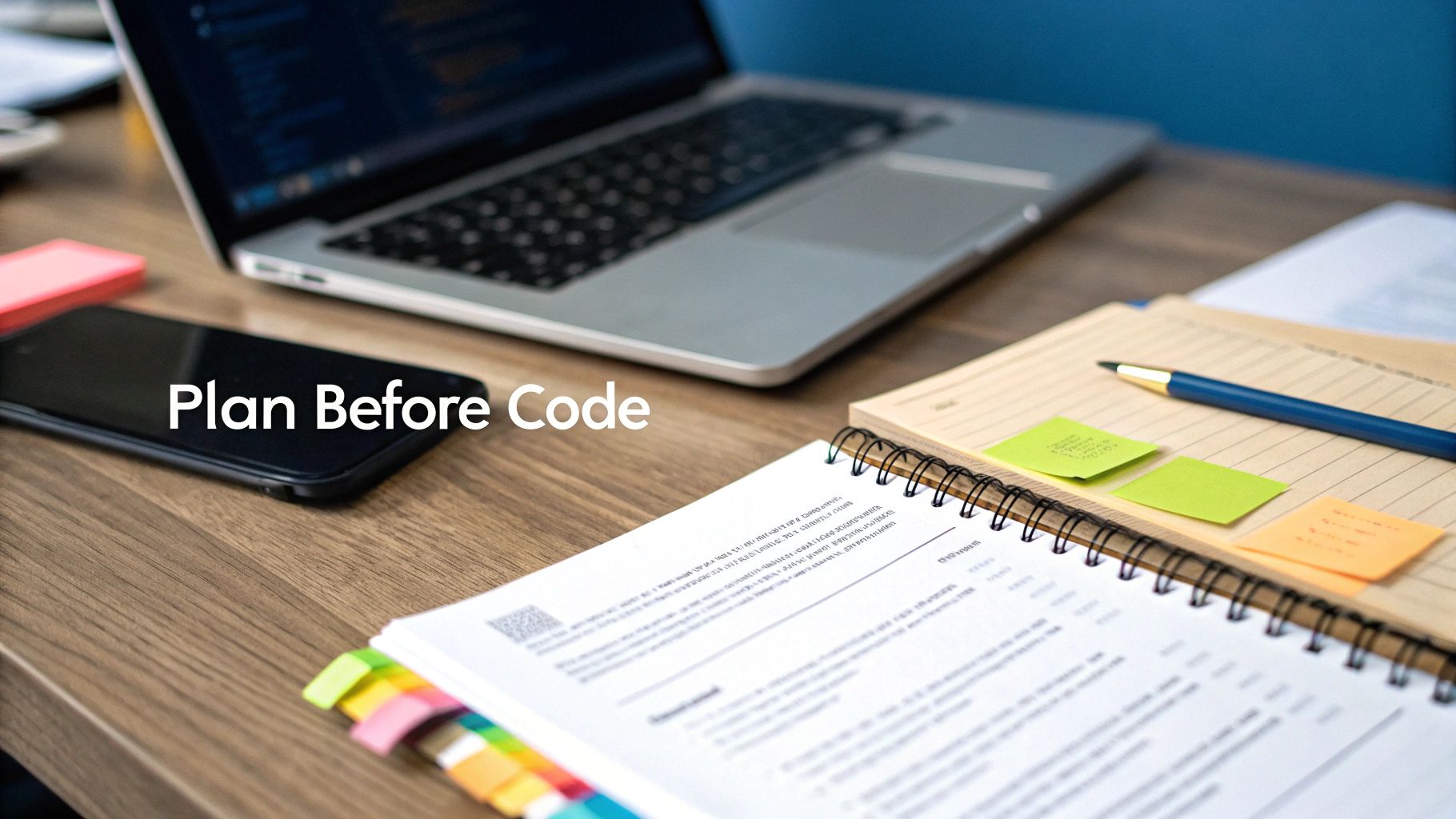 A professional's desk with a laptop, smartphone, notebook, and pen, emphasizing 'Plan Before Code'.